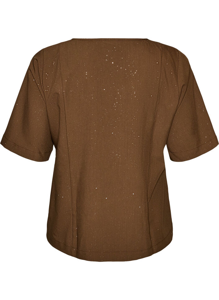 Blus med glitter och v-ringning, Brun, Packshot image number 1