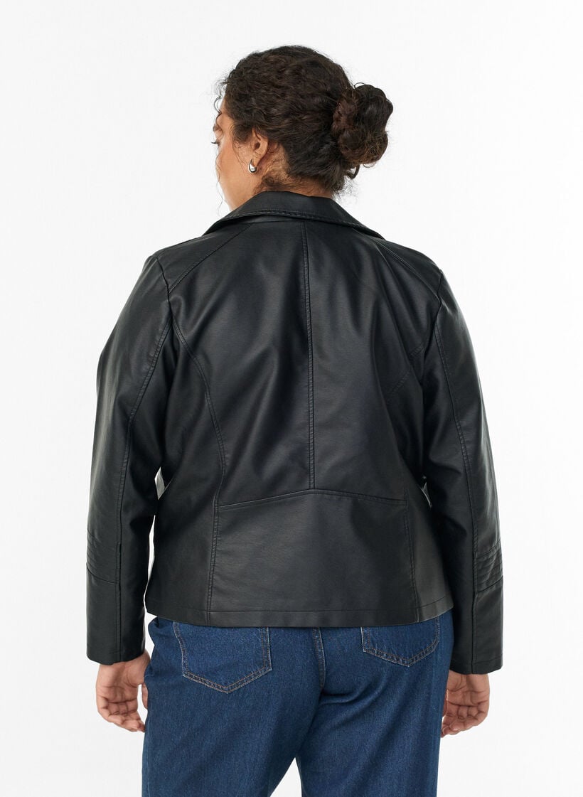Imiterat l&auml;der biker jacka, Svart, Model image number 2