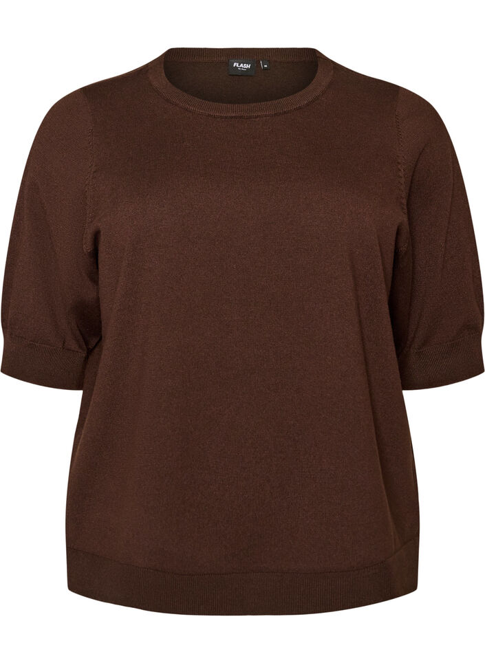 Finstickad blus med korta &auml;rmar, Brun, Packshot image number 0