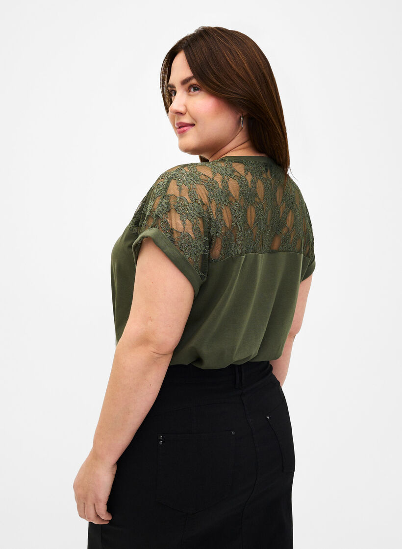 Kortärmad t-shirt av bomull med spets, Thyme, Model image number 1