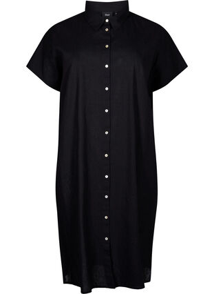 Lång skjorta i bomullsblandning med linne, Black, Packshot image number 0