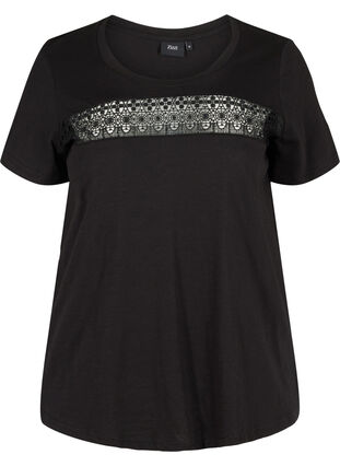 T-shirt i bomull med spets, Black, Packshot image number 0