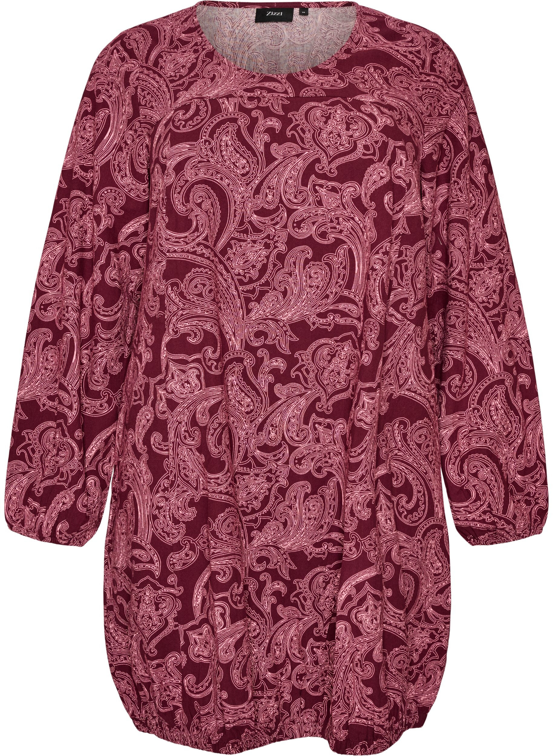 ZizziKort kl&auml;nning i bomull med res&aring;rkant nedtill och l&aring;nga &auml;rmar, M&ouml;rk Bordeaux, Packshot image number 0