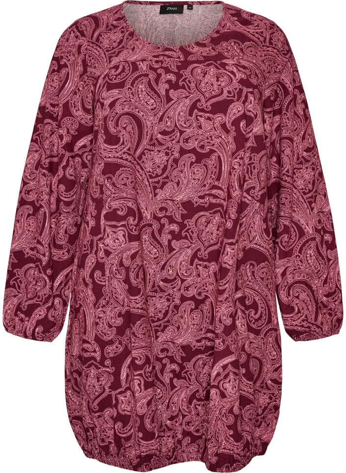 Kort kl&auml;nning i bomull med res&aring;rkant nedtill och l&aring;nga &auml;rmar, M&ouml;rk Bordeaux, Packshot image number 0