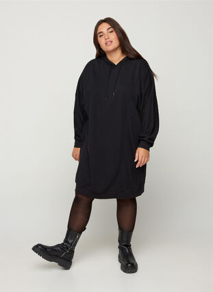 Långärmad sweatklänning med huva, Black, Model image number 2