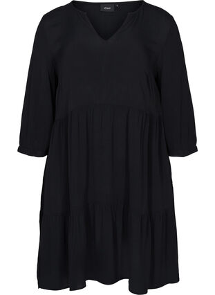 A-linjeformad viskosklänning med 3/4-ärmar, Black, Packshot image number 0