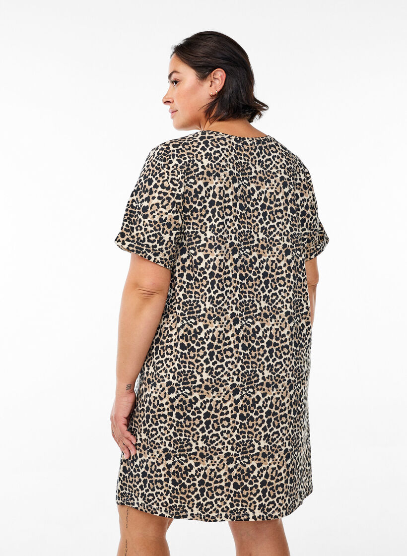 Kort t-shirtklänning i bomullstrikå, Brun, Model image number 1