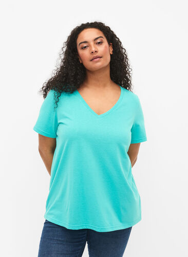 Kortärmad t-shirt med v-hals, Turquoise, Model image number 0