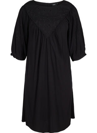 Viskosklänning med broderi och korta ärmar, Black, Packshot image number 0