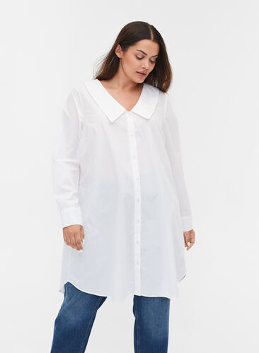 Lång skjorta i bomull med stor krage, Bright White, Model image number 0