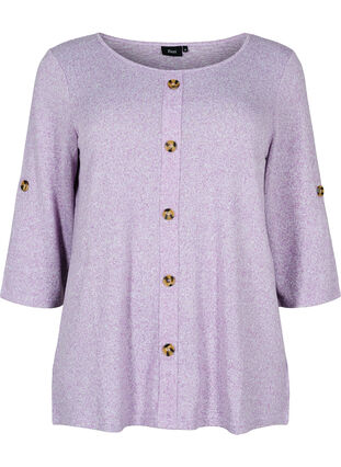 Blus med knappar och 3/4-ärmar, Royal Lilac Melange, Packshot image number 0