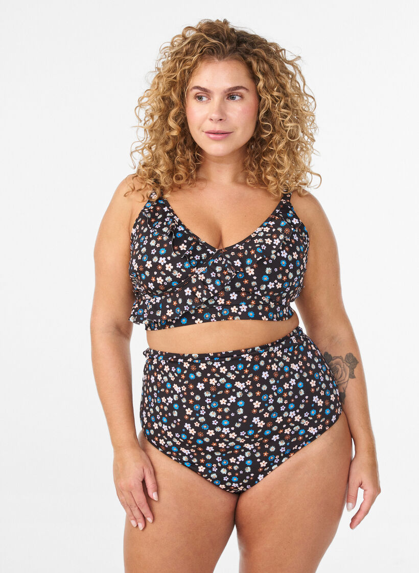 Bikinitrosa med extra hög midja och blomstertryck, Brun, Model image number 0