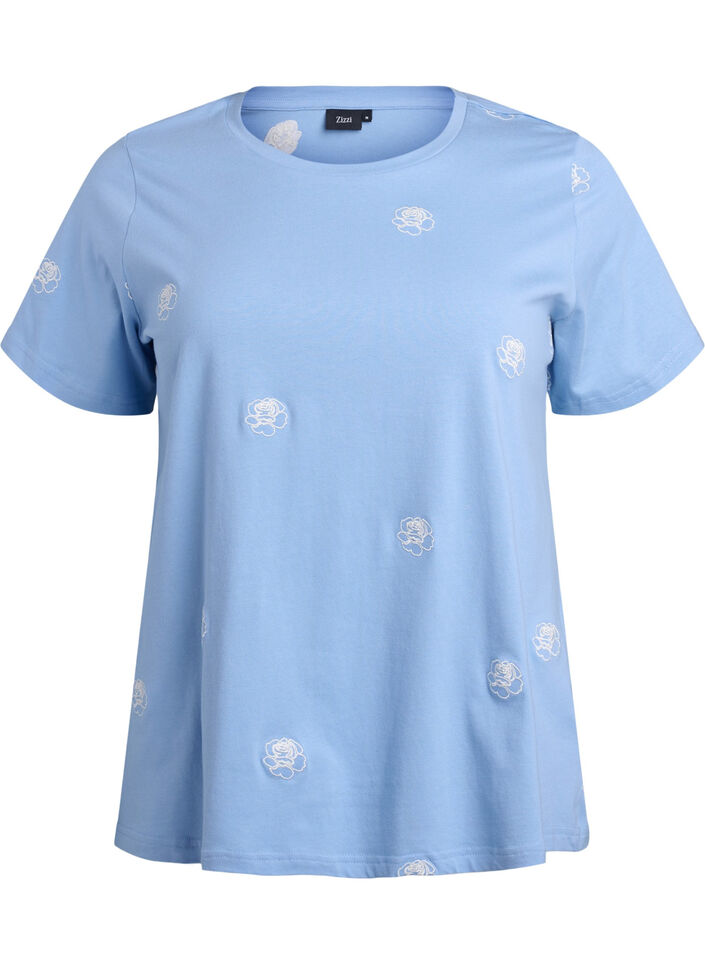 T-shirt i ekologisk bomull med broderade motiv, Bl&aring;, Packshot image number 0