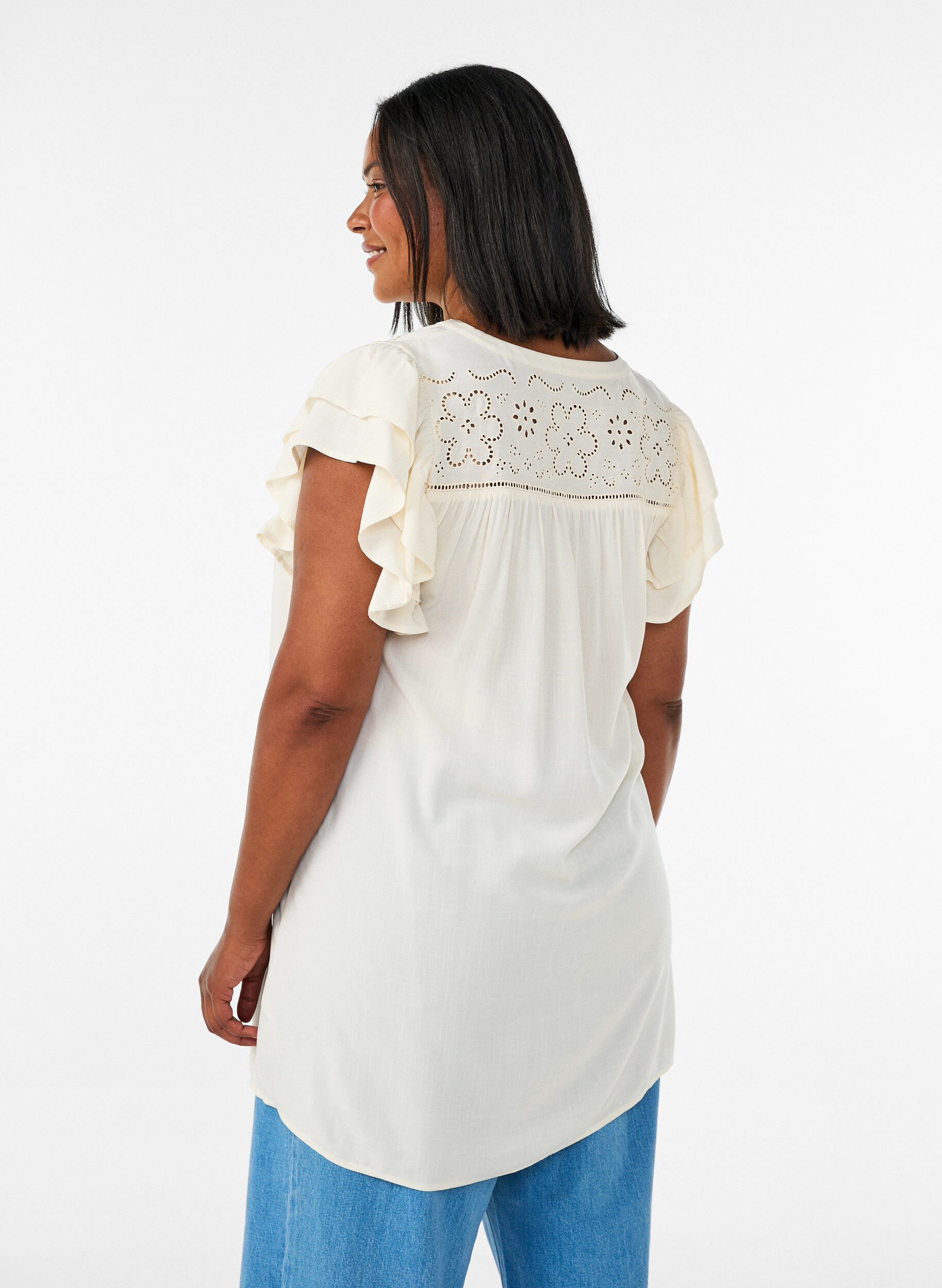 ZizziTunika med broderie anglaise och volang&auml;rmar, Beige, Model image number 2