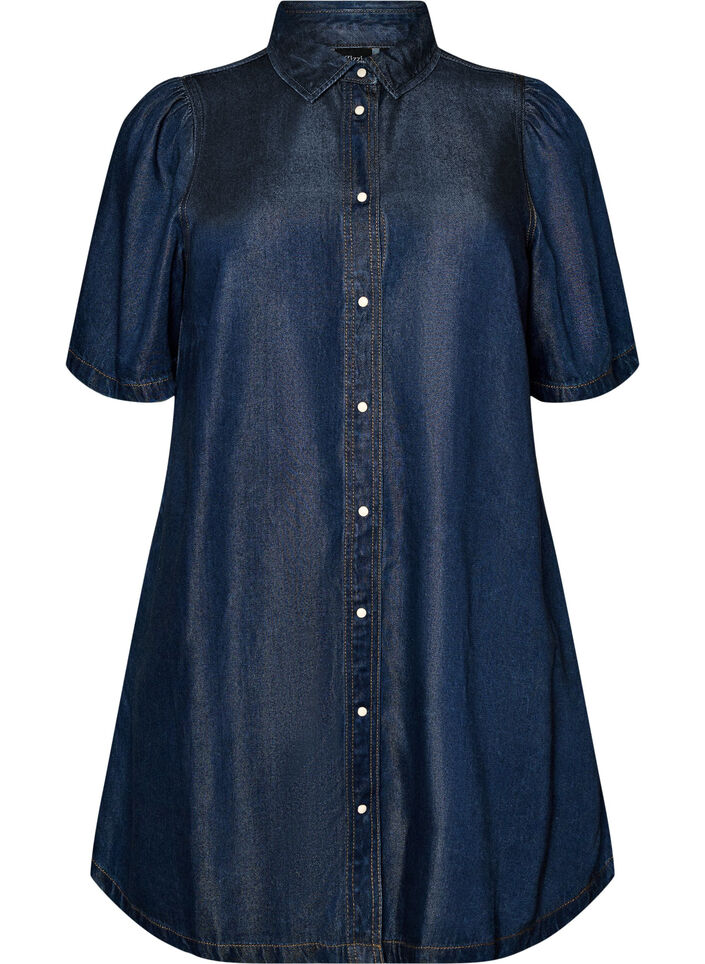 Jeanskl&auml;nning i lyocell med knappar och korta &auml;rmar, Bl&aring;, Packshot image number 0