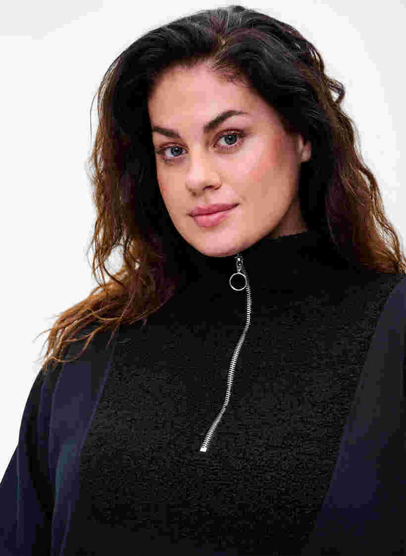 Höghalsad sweatshirt med teddymaterial och dragkedja, Black, Model image number 1