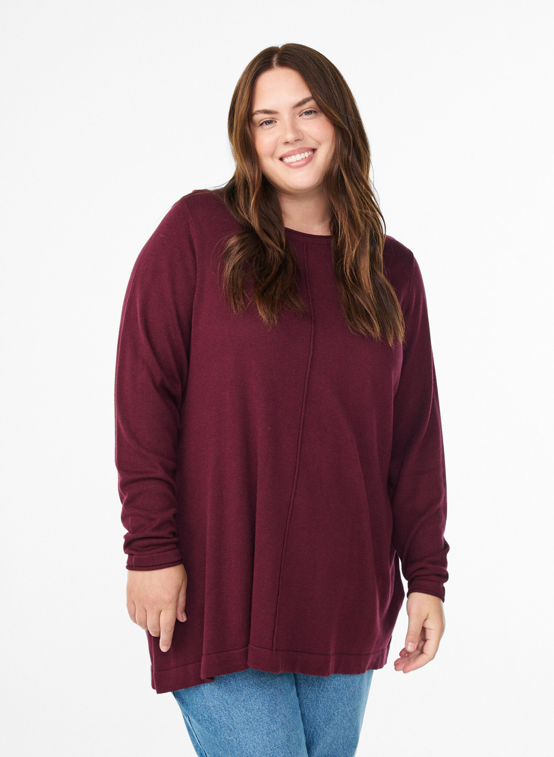 Stickad blus i bomull-viskosblandning, M&ouml;rk Bordeaux, Model