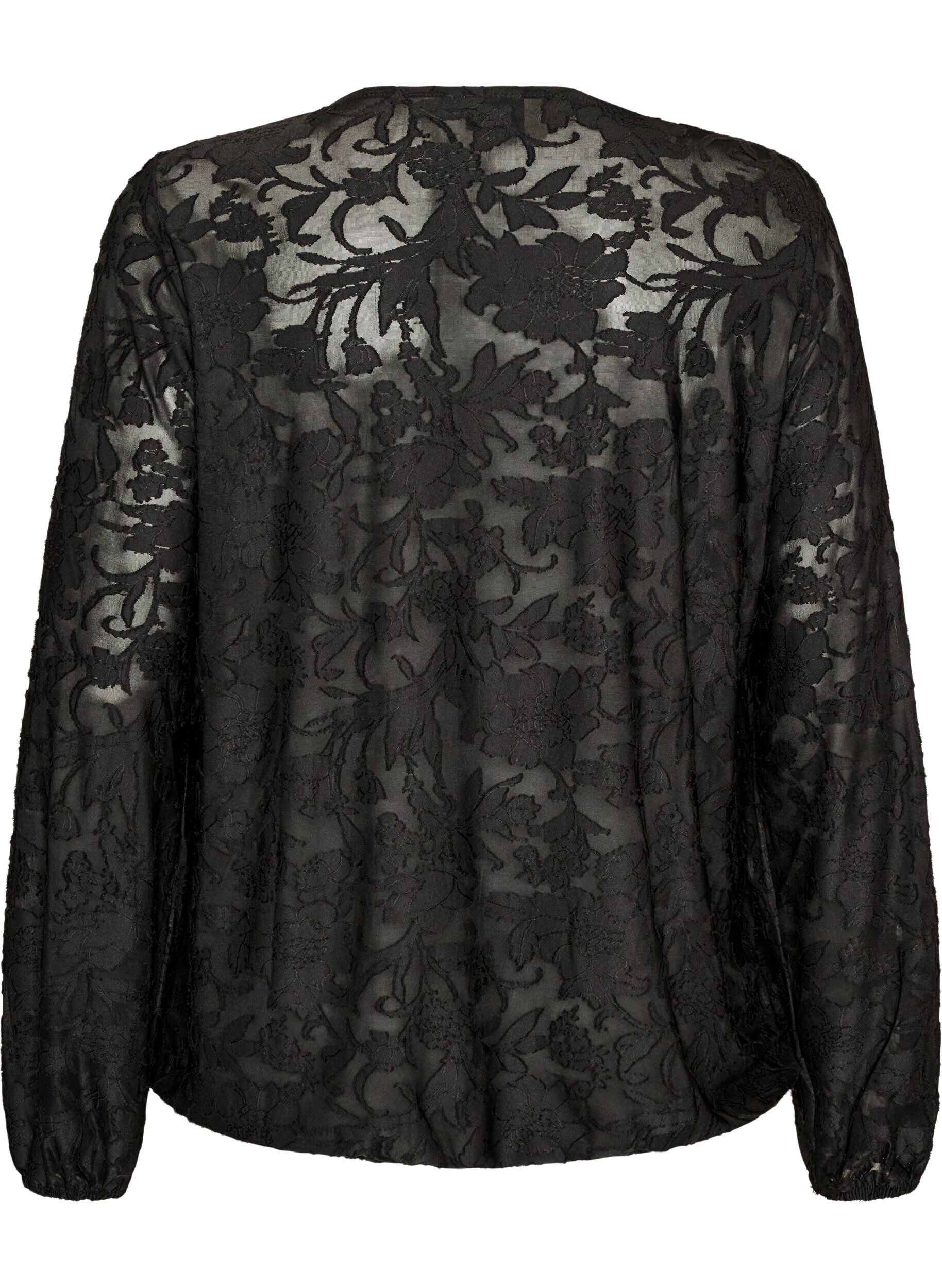 ZizziSkir blus med blommig textur och l&aring;nga &auml;rmar, Svart, Packshot image number 1