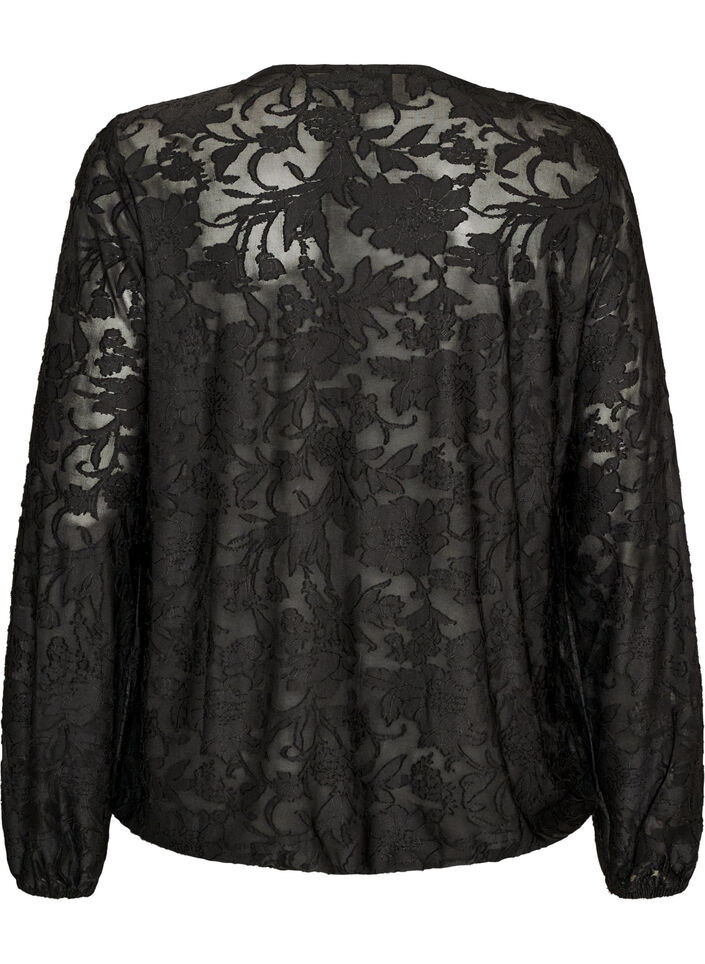 Skir blus med blommig textur och l&aring;nga &auml;rmar, Svart, Packshot image number 1