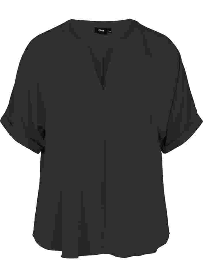 Kortärmad blus med v-ringning, Black, Packshot image number 0