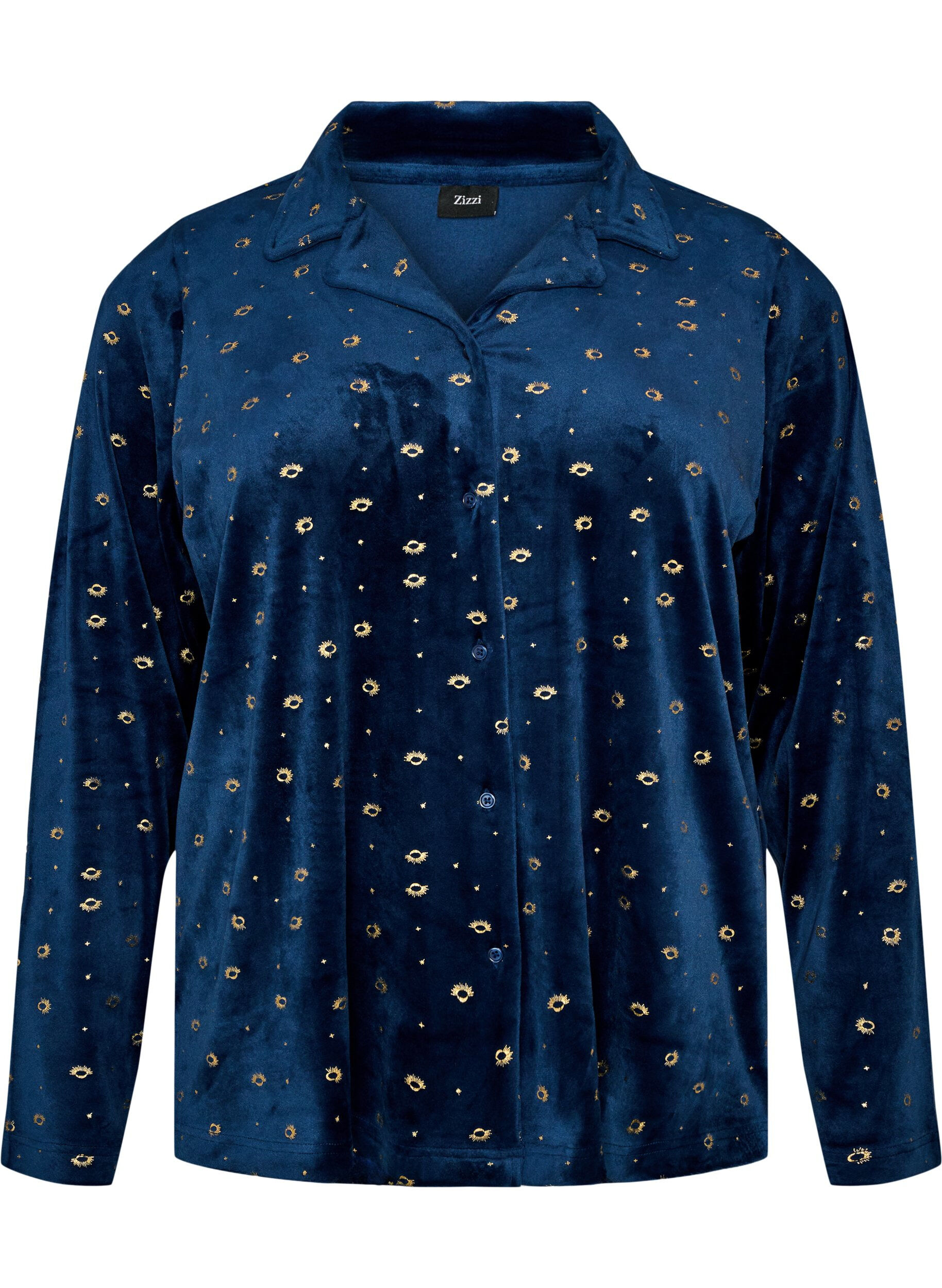 ZizziPyjamasskjorta i velour med helt&auml;ckande m&ouml;nster, Bl&aring;, Packshot image number 0
