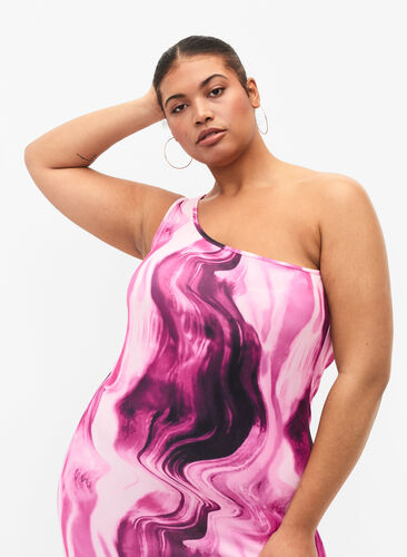 Kroppsnära one-shoulder klänning med tryck, Raspberry Rose AOP, Model image number 2