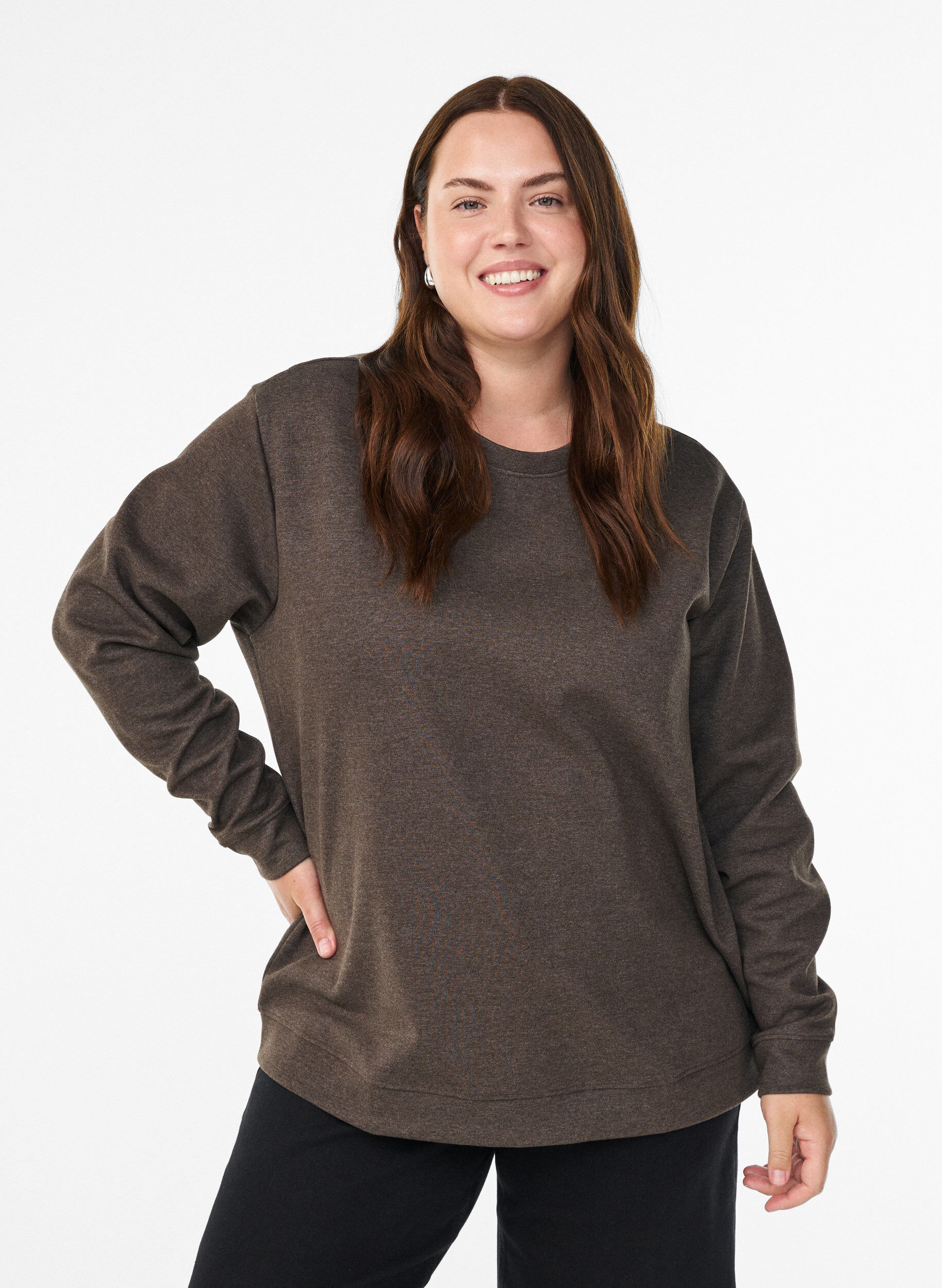 Zizzi Sweatshirt med rund halsringning, Brun, Model image number 0