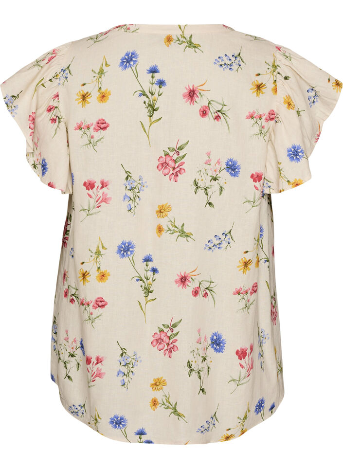 Blus i viskos och linne med volang&auml;rmar, Beige, Packshot image number 1