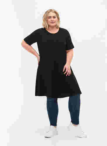 Enfärgad klänning i bomull med korta ärmar, Black, Model image number 2
