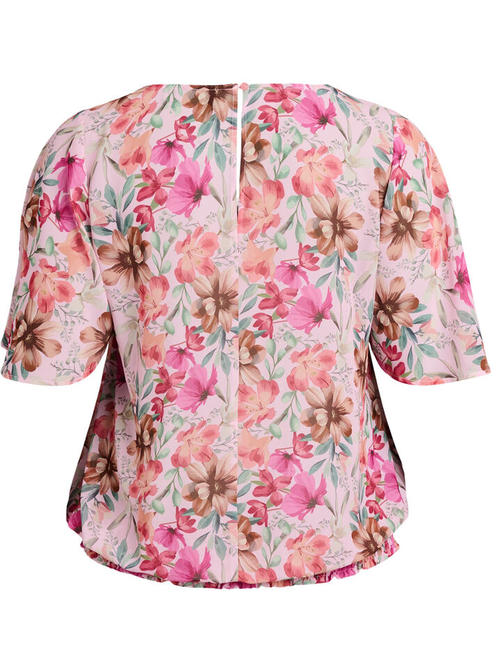 Blus i blommigt med korta &auml;rmar och smock, Rosa, Packshot image number 1