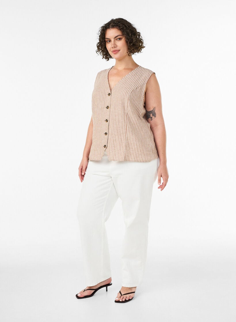 Randig v&auml;st i linne och viskos, Beige, Model image number 1