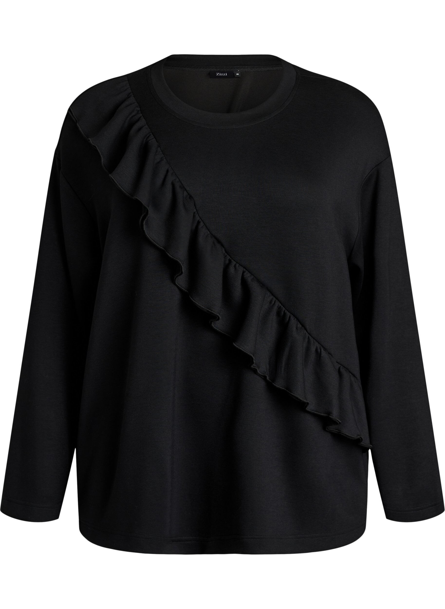 ZizziBlus i jersey med diagonal volang, Svart, Packshot image number 0