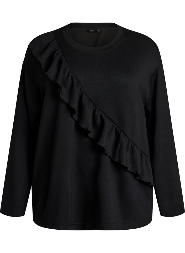 Blus i jersey med diagonal volang, Svart, Packshot image number 0
