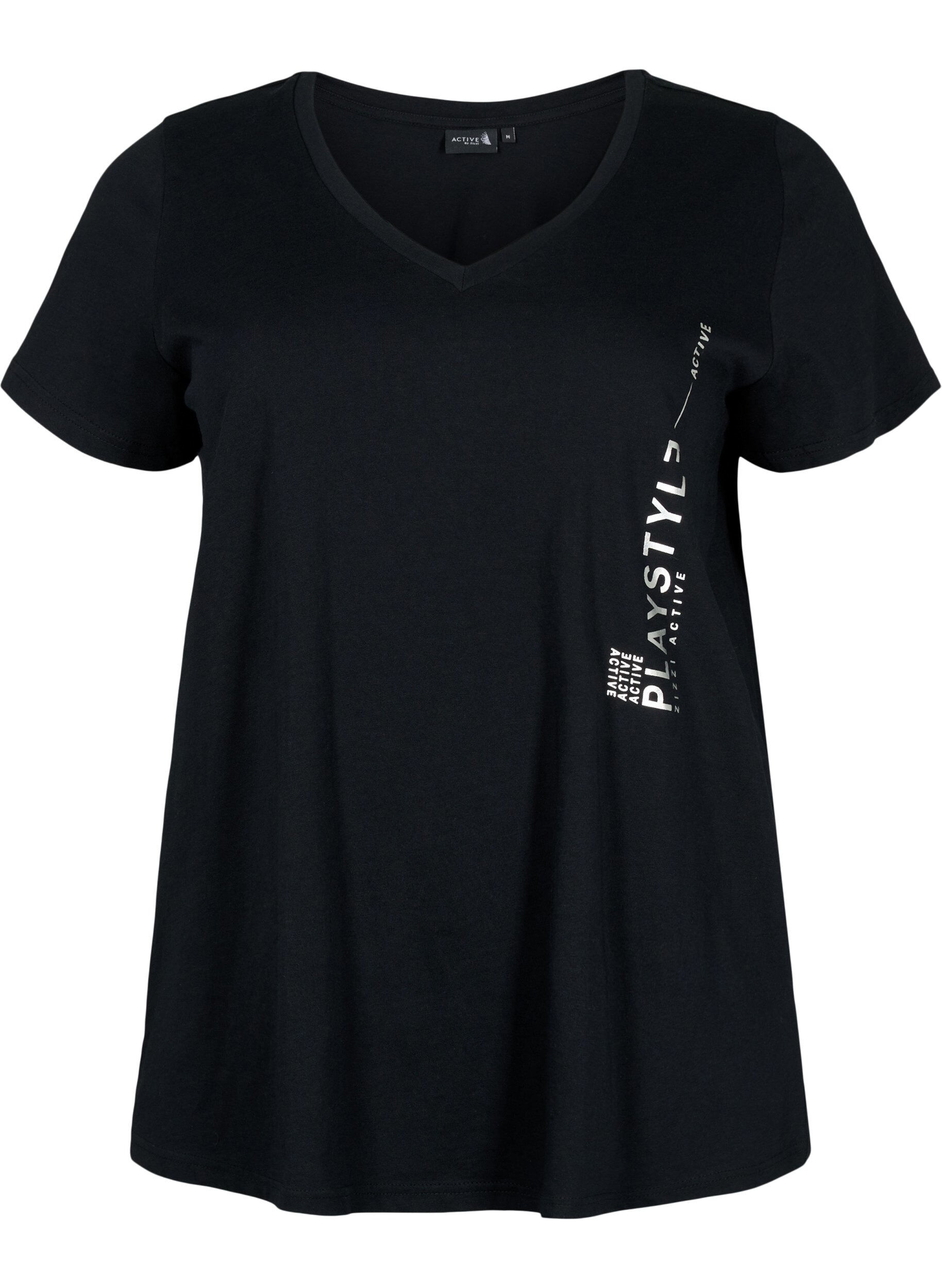 Zizzi Tr&auml;nings t-shirt i bomull med tryck, Black w. Playstyle, Packshot image number 0