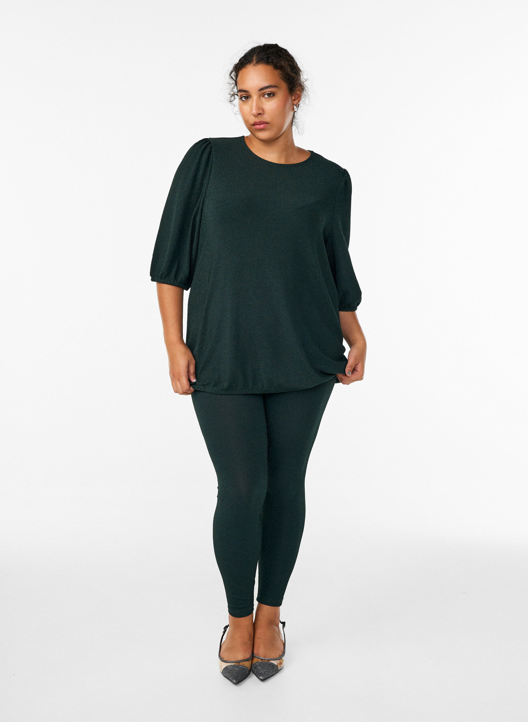 Zizzi Leggings med glitterm&ouml;nster, Gr&ouml;n, Model image number 1