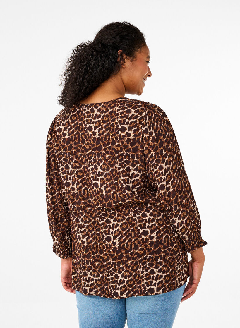 Leopardmönstrad blus med trekvartsärm, Leo AOP, Model image number 1
