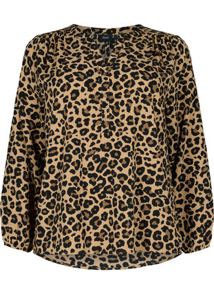 V-ringad blus med mönster och långa ärmar, Leopard, Packshot image number 0