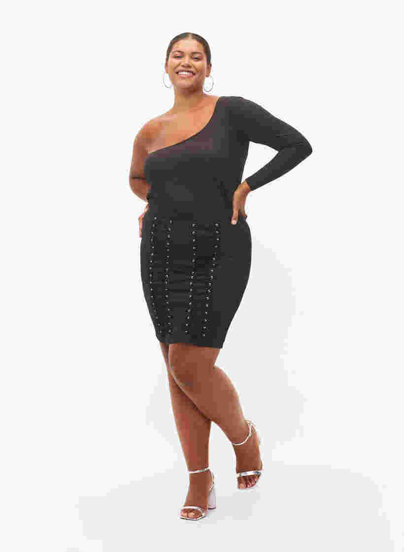 Kroppsnära kjol med snörning, Black, Model image number 0