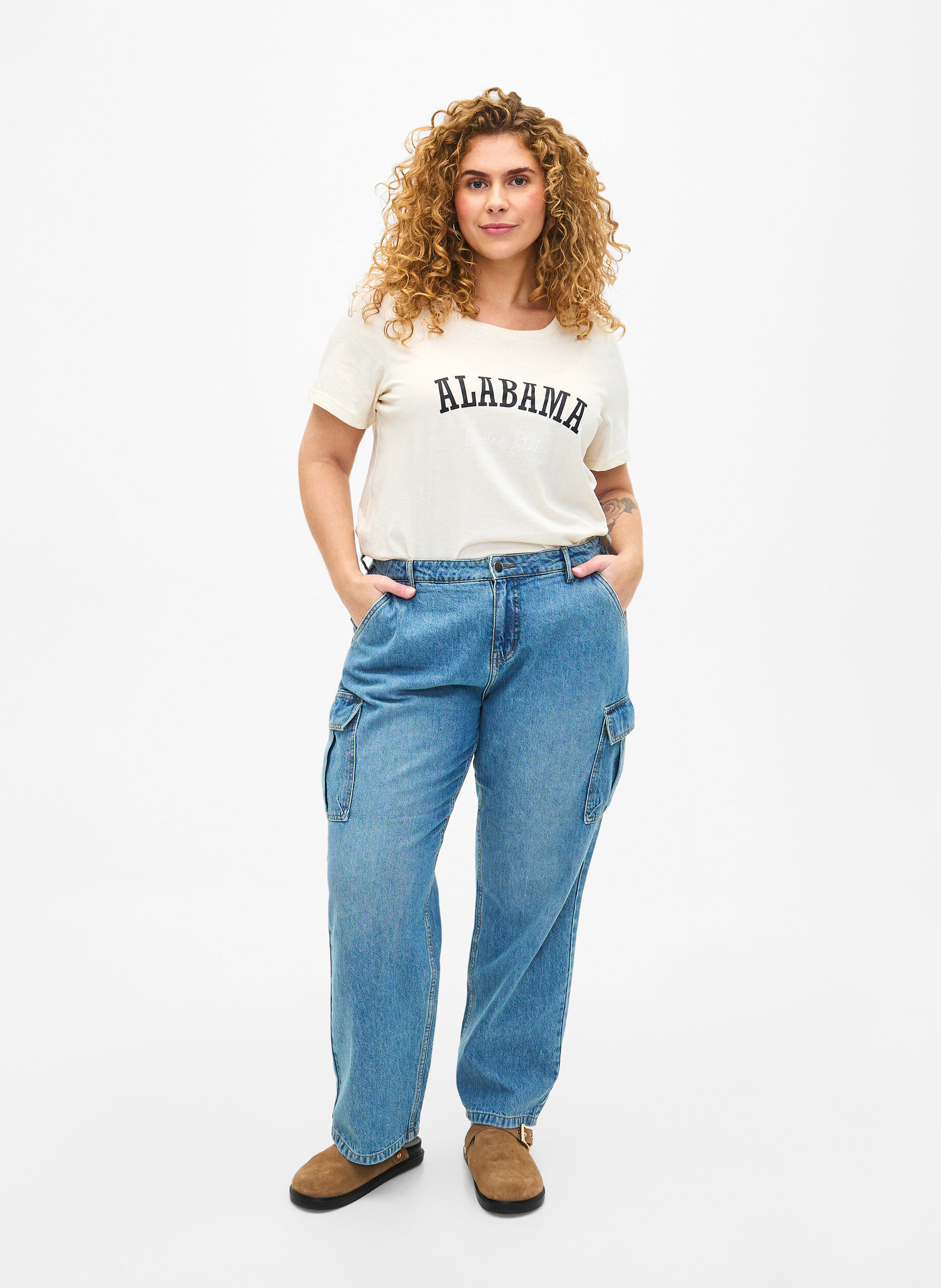 Zizzi T-shirt i bomull med text, Antique W. Alabama, Model image number 2