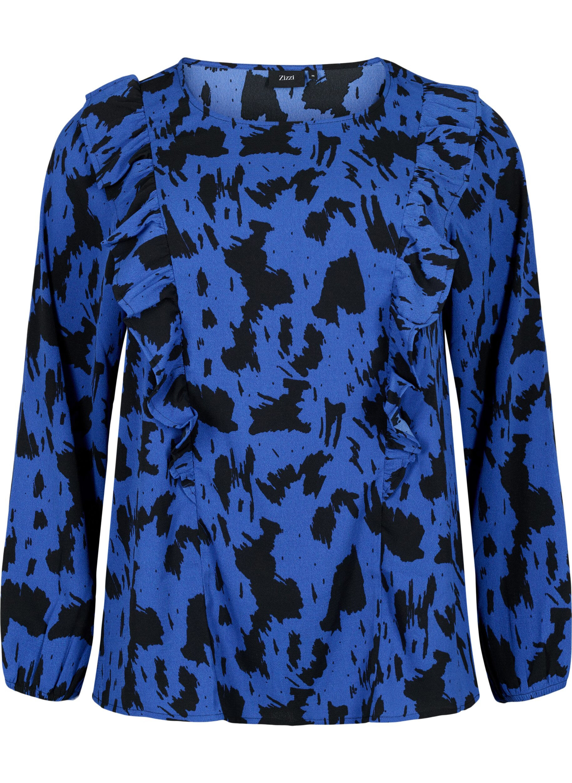 Zizzi L&aring;ng&auml;rmad blus med volanger, Black Blue AOP, Packshot image number 0