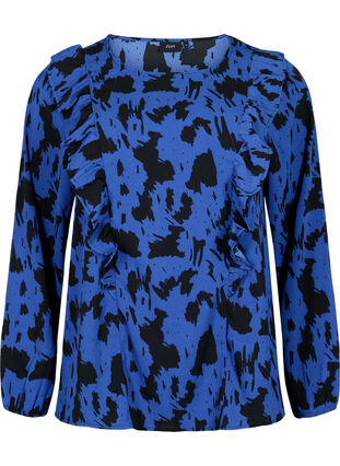 Långärmad blus med volanger, Black Blue AOP, Packshot image number 0