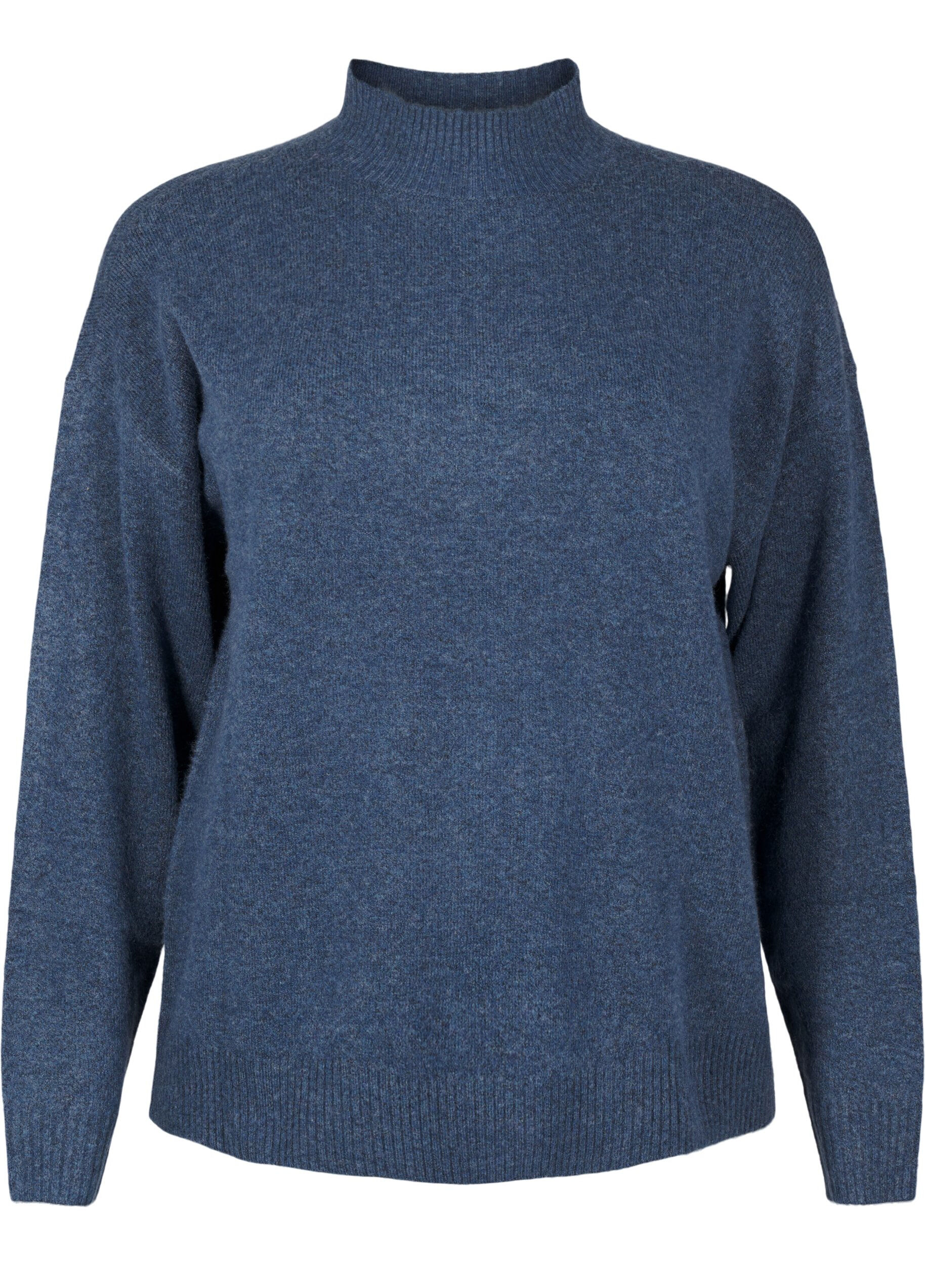 Zizzi Stickad blus i ull med h&ouml;g hals, Bering Sea Mel., Packshot image number 0