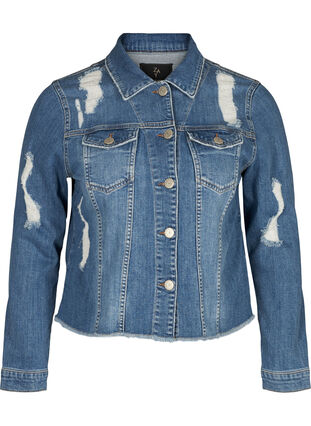 Jeansjacka med slitna detaljer, Light blue denim, Packshot image number 0
