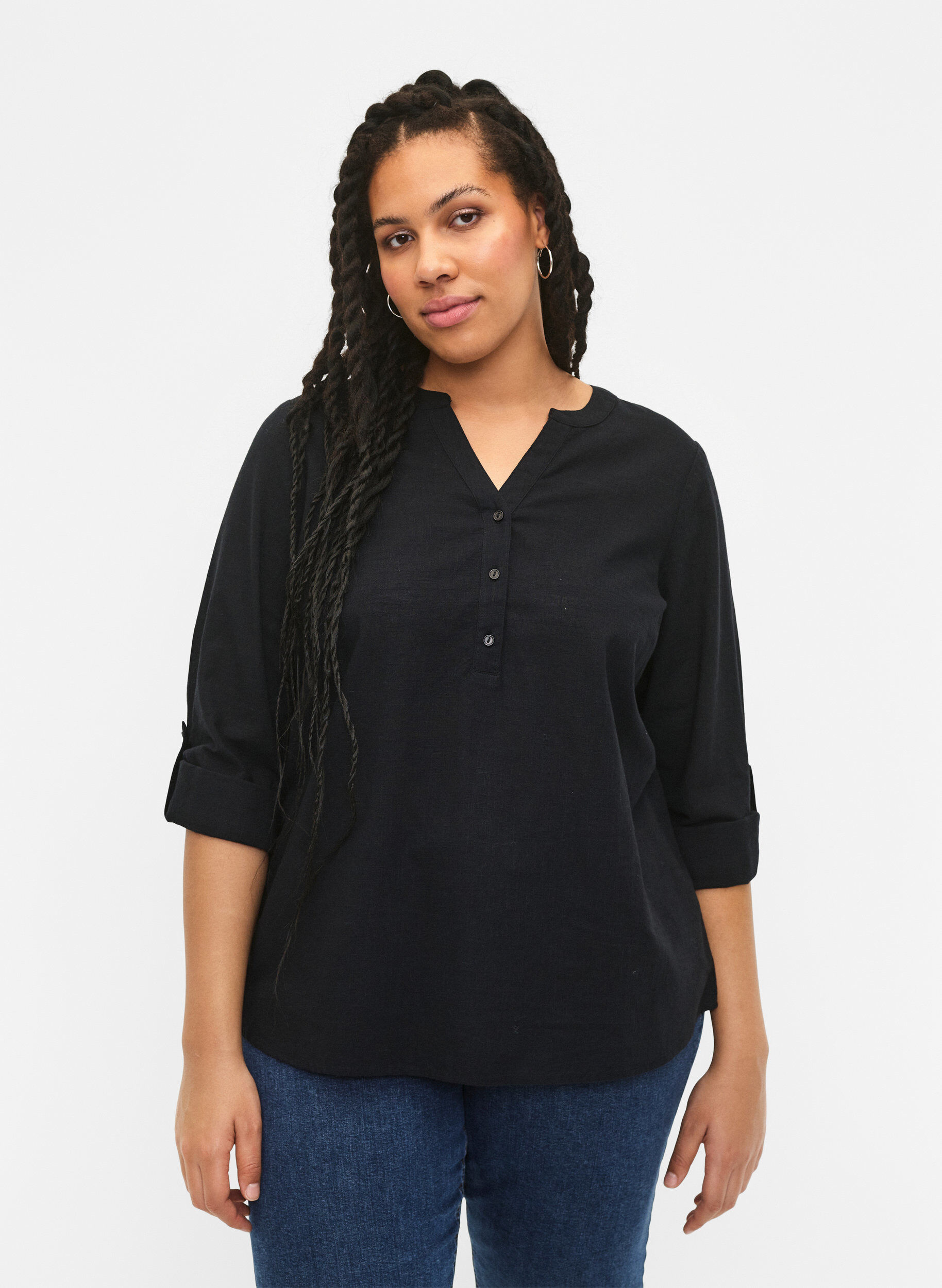 Zizzi Skjortblus i bomull med v-ringad hals, Black, Model image number 0