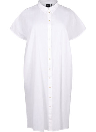 Lång skjorta i bomullsblandning med linne, Bright White, Packshot image number 0