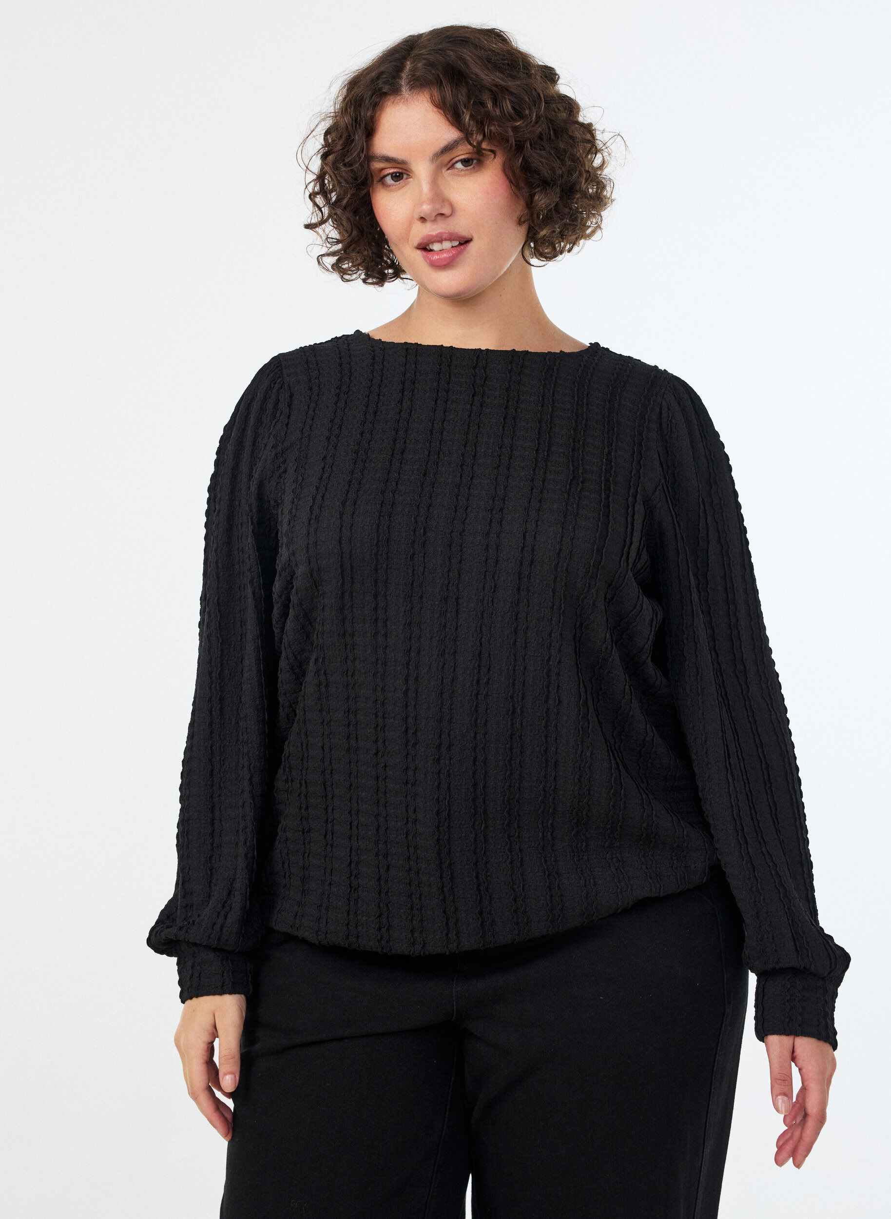 ZizziJerseyblus med struktur och ballongsilhuett, Svart, Model image number 0