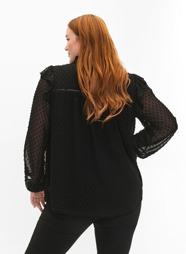 Skjortblus med volanger och prickig textur, Black, Model image number 1