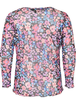 Blommig blus i mesh med kroppsnära passform, Flower AOP, Packshot image number 1