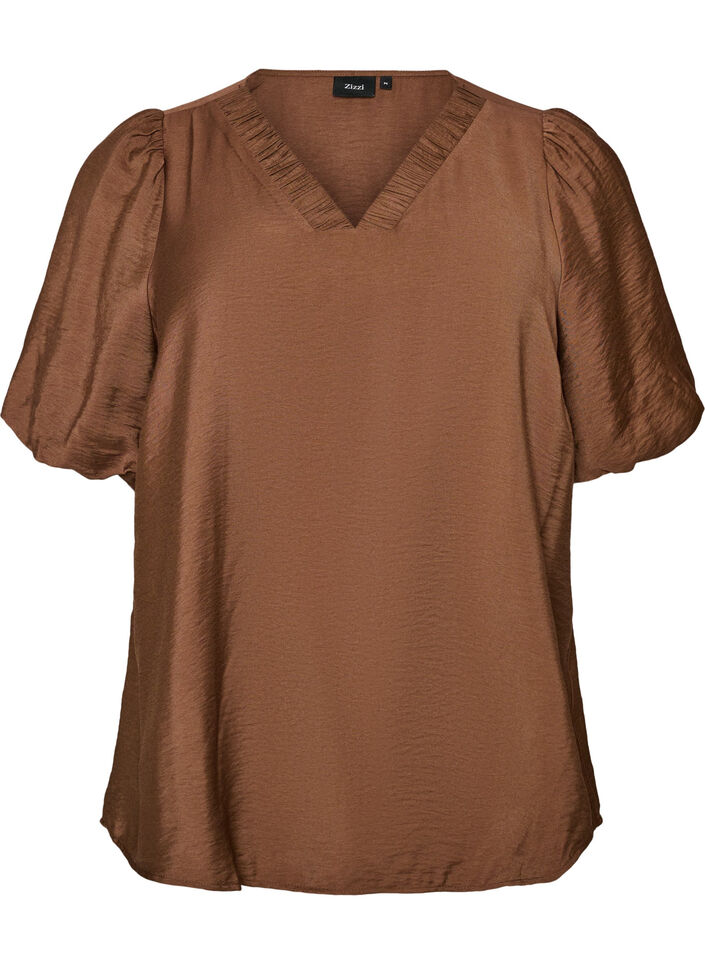 Blus med ballong&auml;rmar och v-ringning, Brun, Packshot image number 0