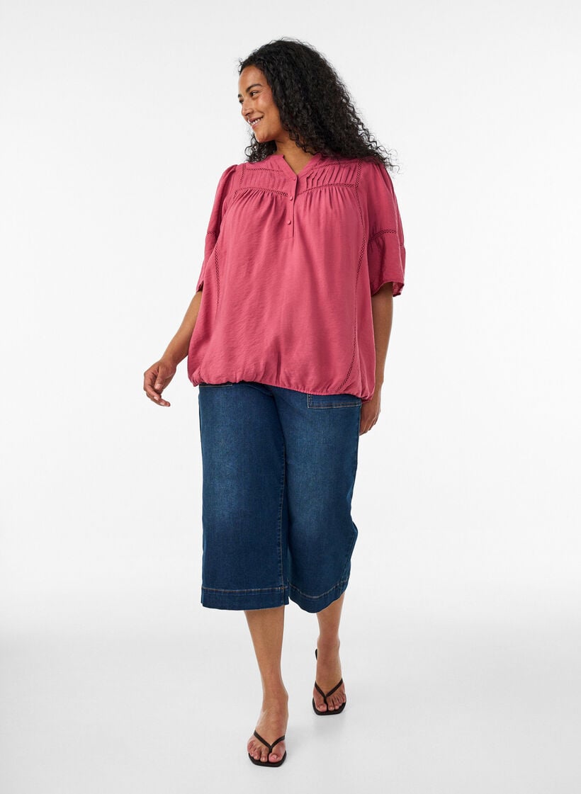 Blus i viskos med str&aring;veck och ballongeffekt, Rosa, Model image number 1